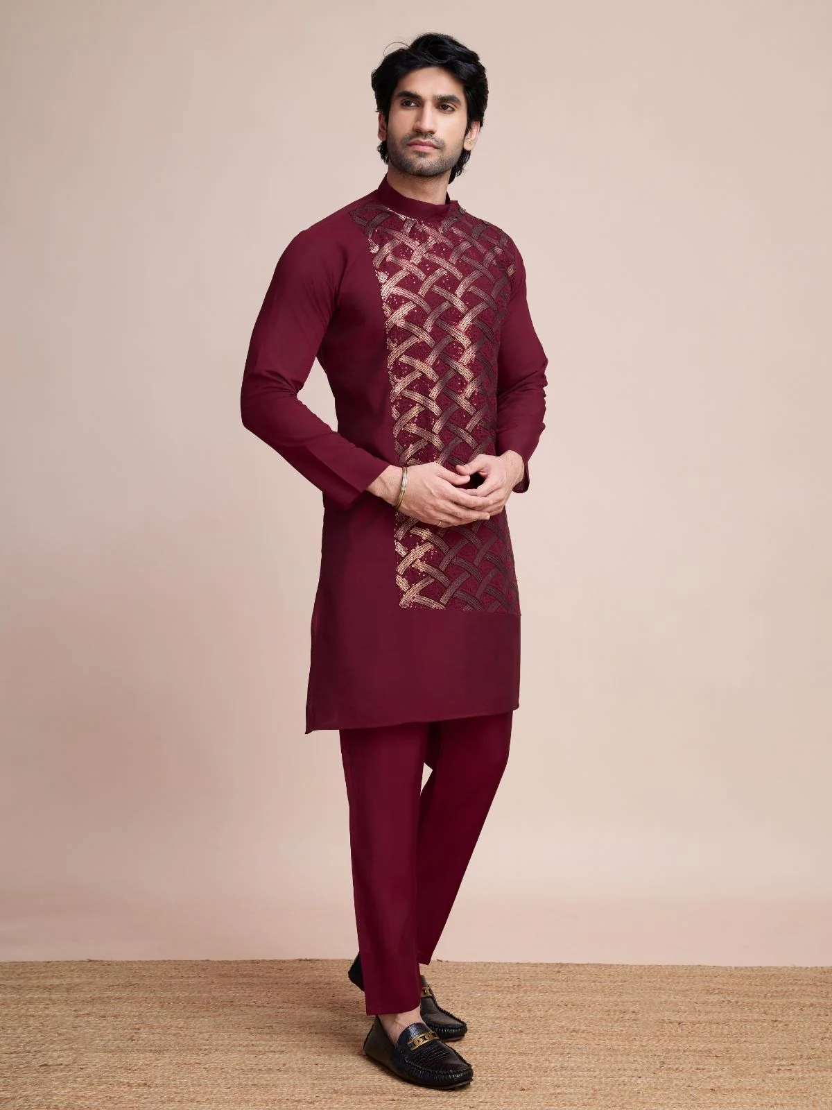 Odette Maroon Silk Blend Embellished Stitched Kurta With Pant For Men - Image 2