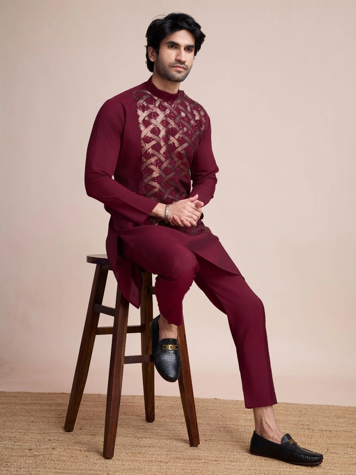 Odette Maroon Silk Blend Embellished Stitched Kurta With Pant For Men - Image 3