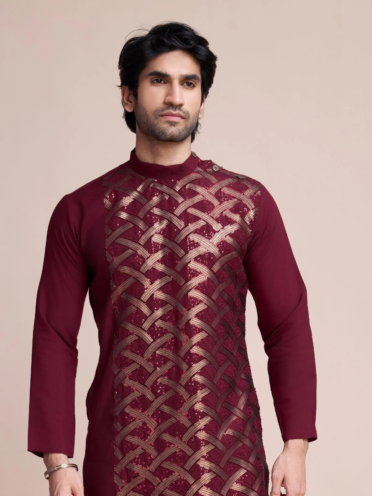 Odette Maroon Silk Blend Embellished Stitched Kurta With Pant For Men - Image 5