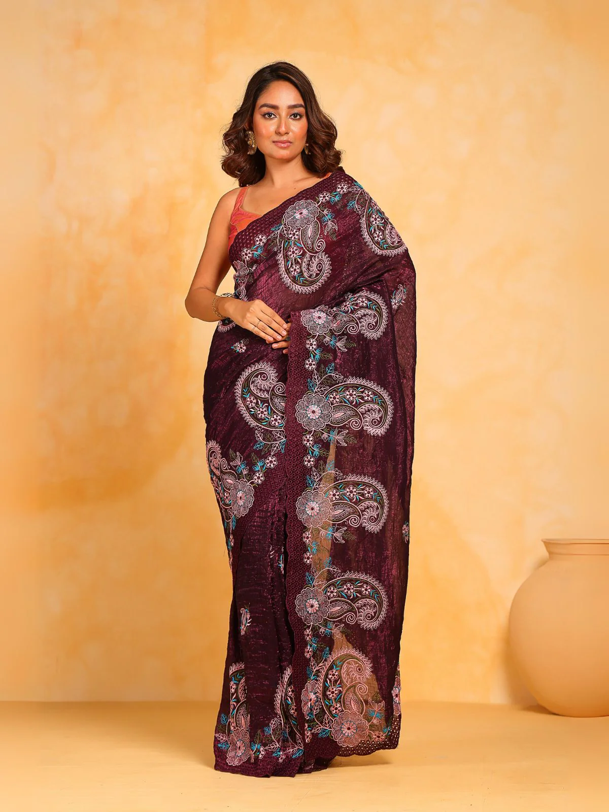 Odette Maroon Silk Blend Embroidered Saree With Unstitched Blouse For Women
