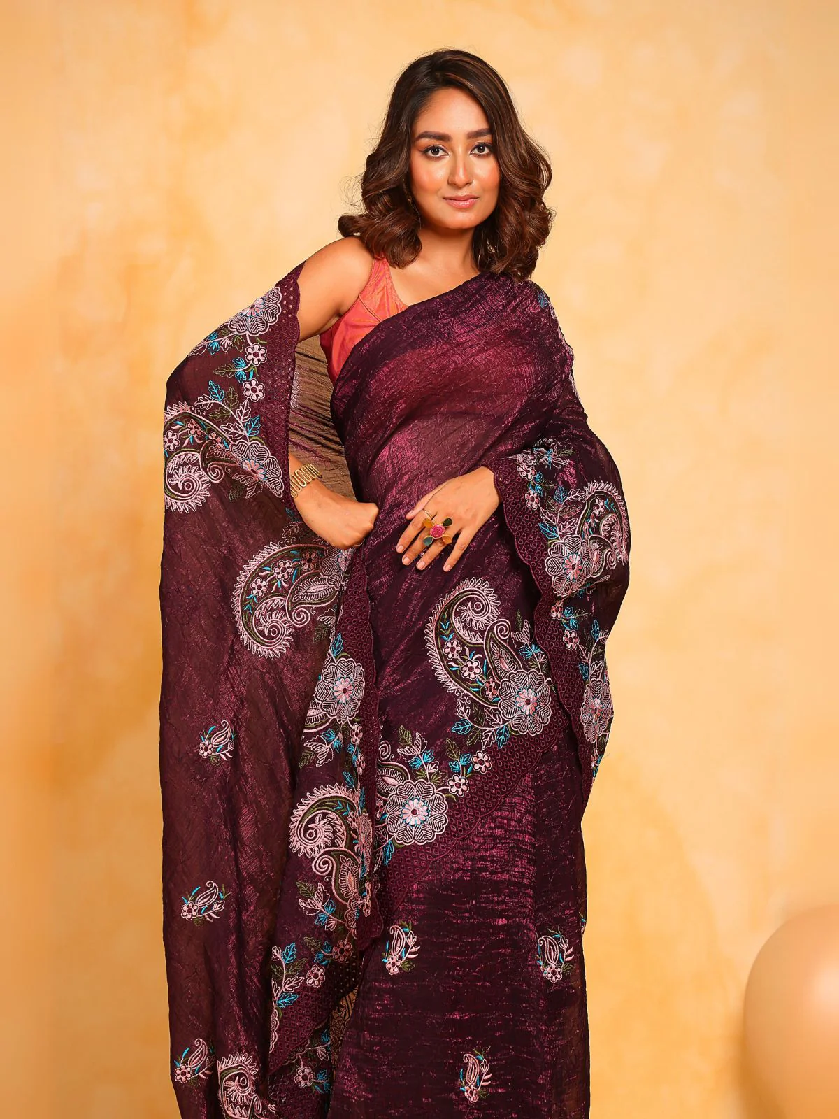 Odette Maroon Silk Blend Embroidered Saree With Unstitched Blouse For Women - Image 3