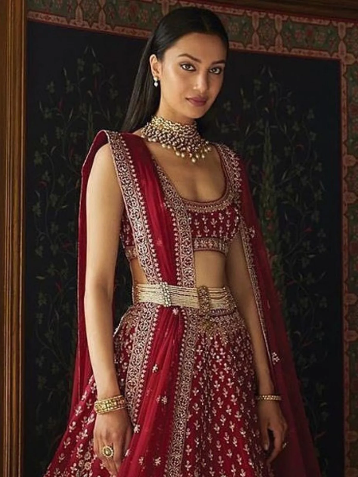 Odette Maroon Silk Blend Embroidered Semi-Stitched Lehenga For Women - Image 2