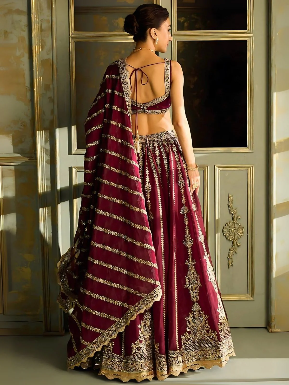 Odette Maroon Silk Blend Embroidered Semi-Stitched Lehenga For Women - Image 2