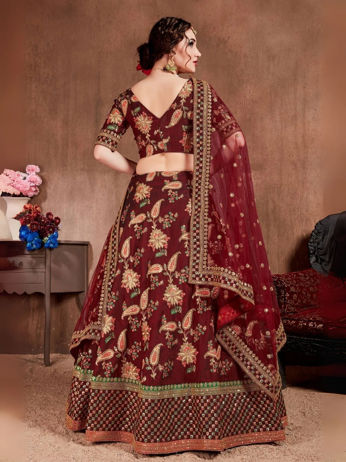 Odette Maroon Silk Blend Embroidered Semi-Stitched lehenga For Women - Image 4