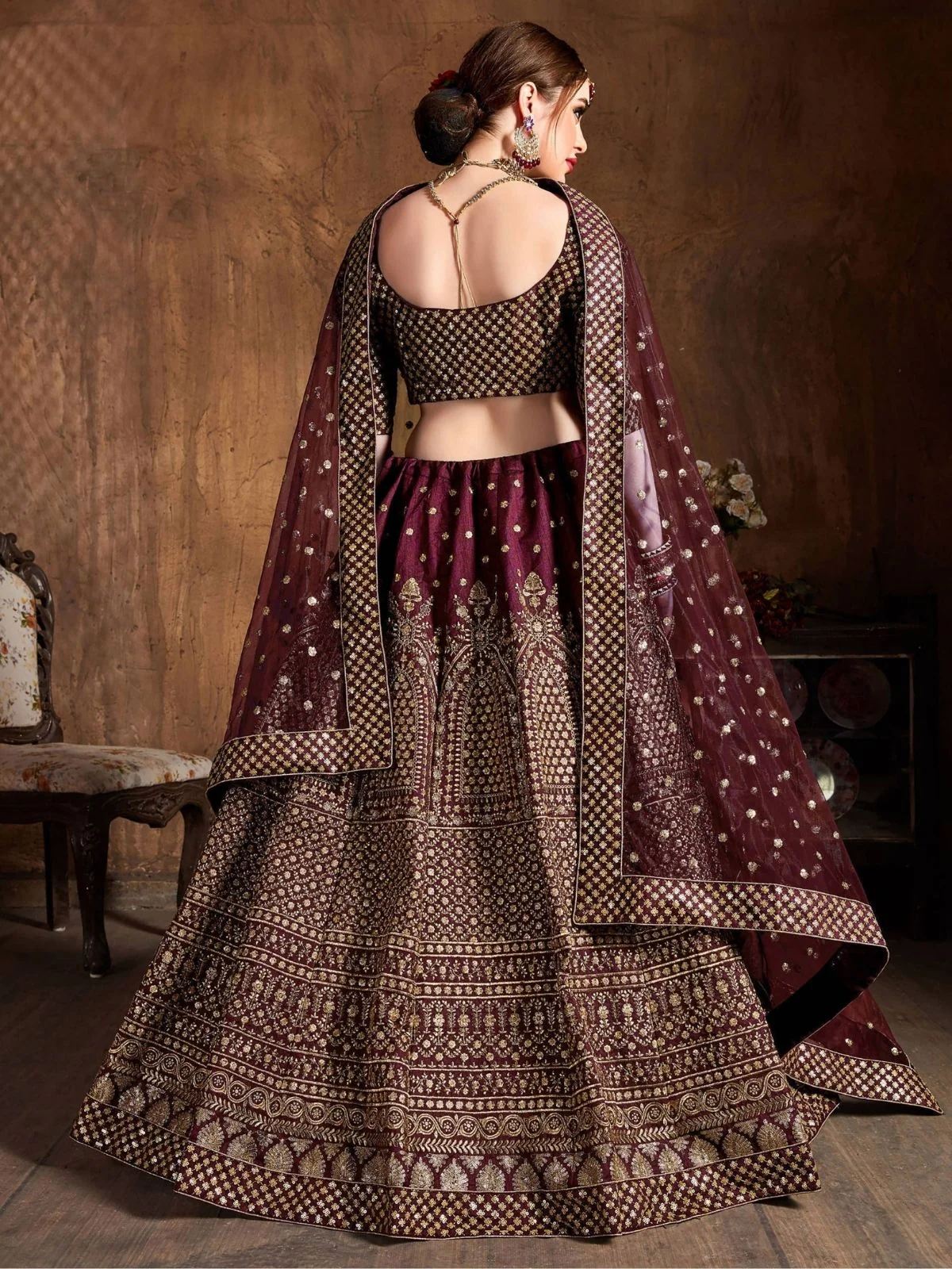 Odette Maroon Silk Blend Embroidered Semi-Stitched lehenga For Women - Image 3