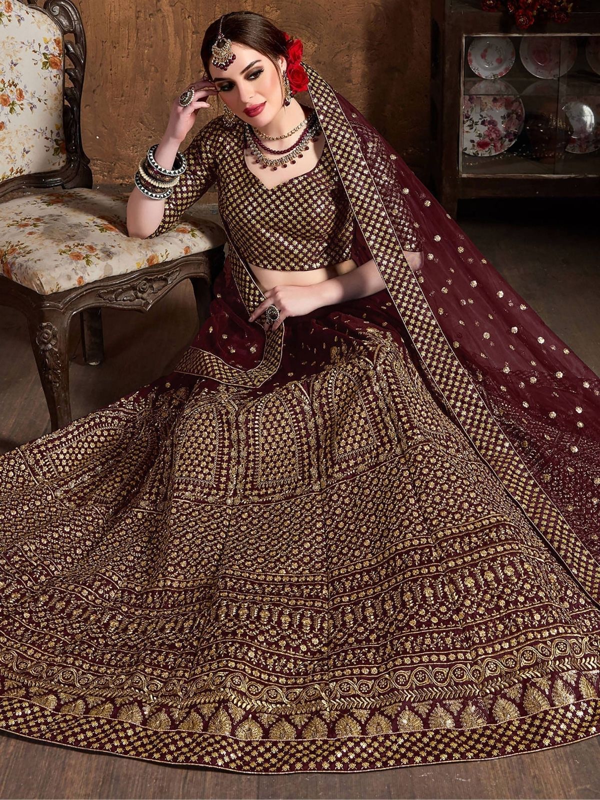 Odette Maroon Silk Blend Embroidered Semi-Stitched lehenga For Women - Image 4