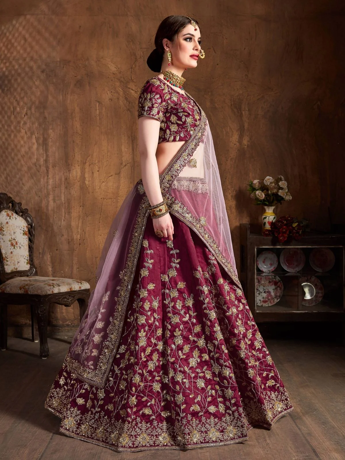 Odette Maroon Silk Blend Embroidered Semi Stitched Lehenga With Blouse For Women - Image 2