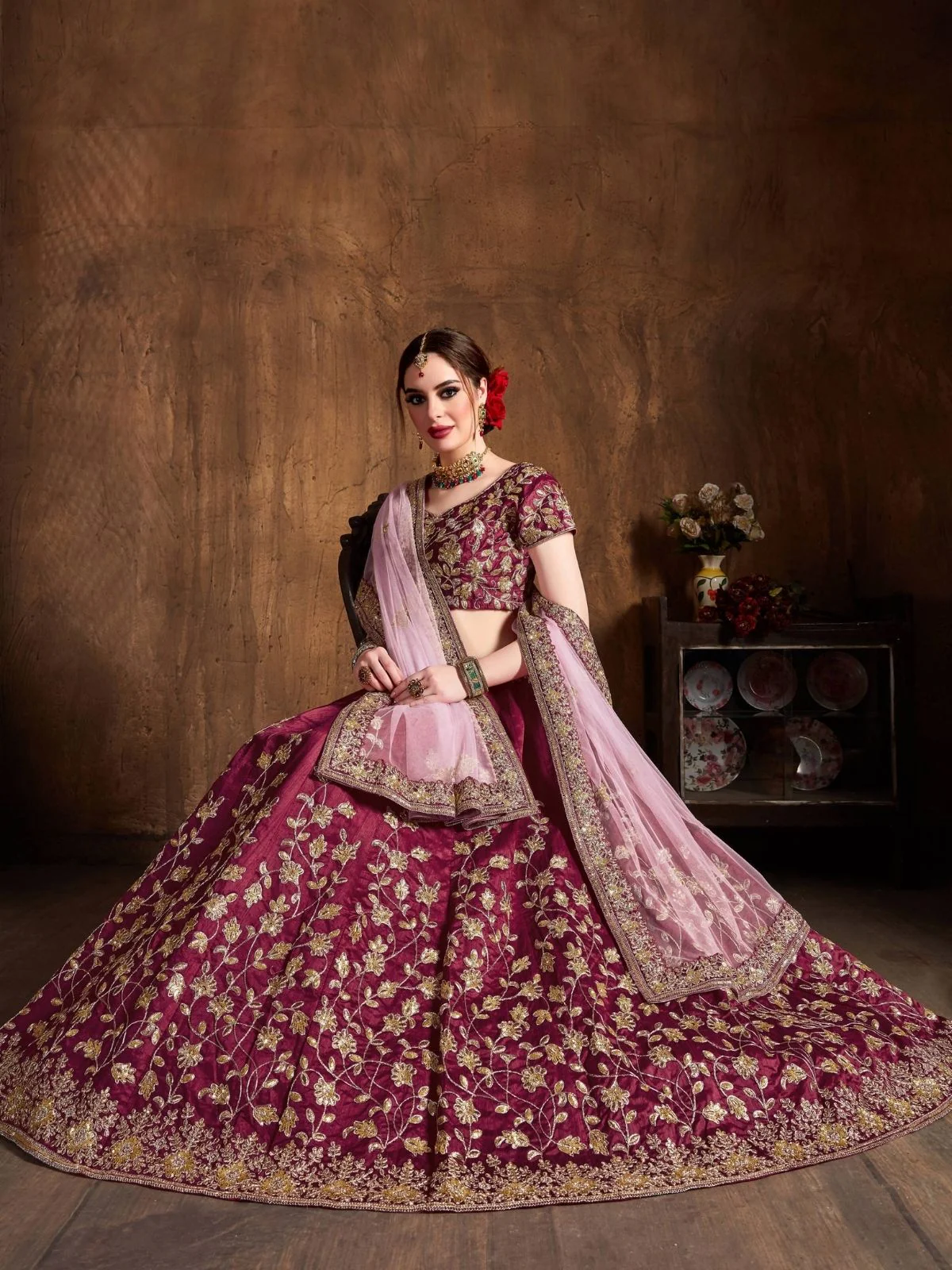 Odette Maroon Silk Blend Embroidered Semi Stitched Lehenga With Blouse For Women - Image 4