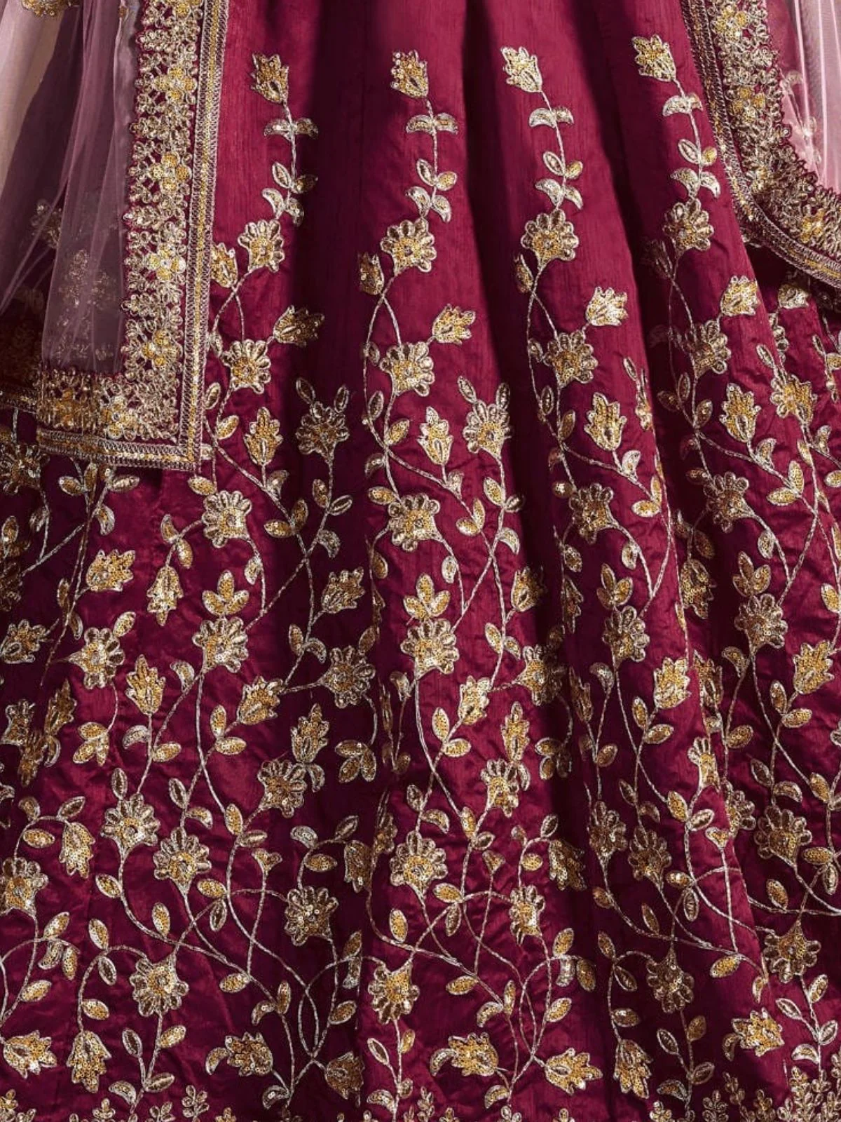 Odette Maroon Silk Blend Embroidered Semi Stitched Lehenga With Blouse For Women - Image 5