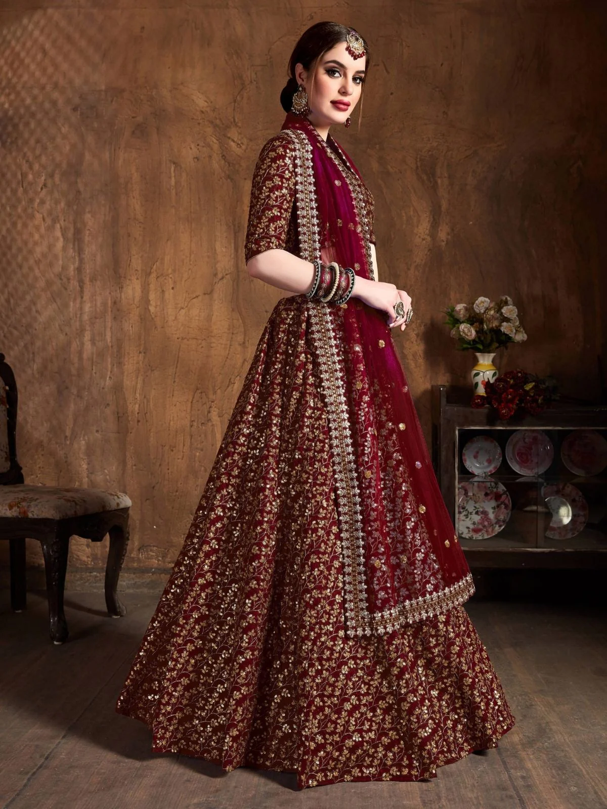 Odette Maroon Silk Blend Embroidered Semi Stitched Lehenga With Blouse For Women - Image 2