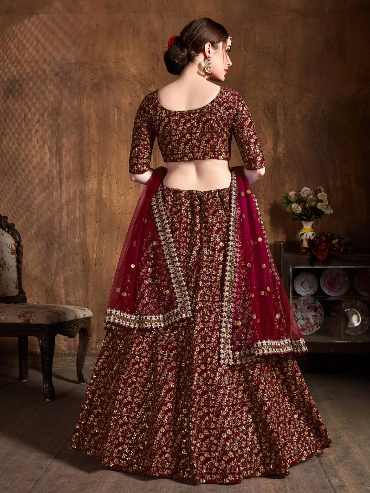 Odette Maroon Silk Blend Embroidered Semi Stitched Lehenga With Blouse For Women - Image 3