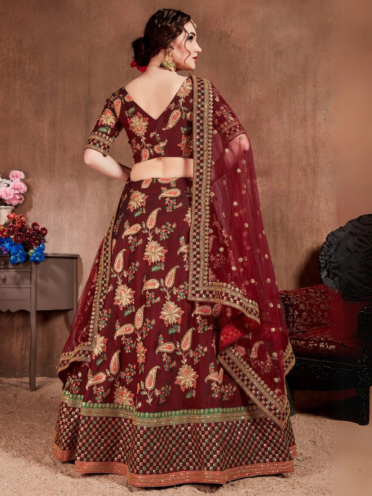 Odette Maroon Silk Blend Embroidered Semi Stitched Lehenga With Blouse For Women - Image 3
