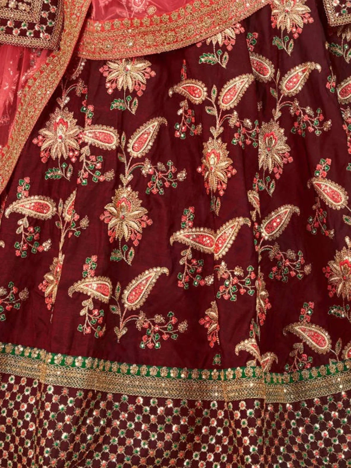Odette Maroon Silk Blend Embroidered Semi Stitched Lehenga With Blouse For Women - Image 5