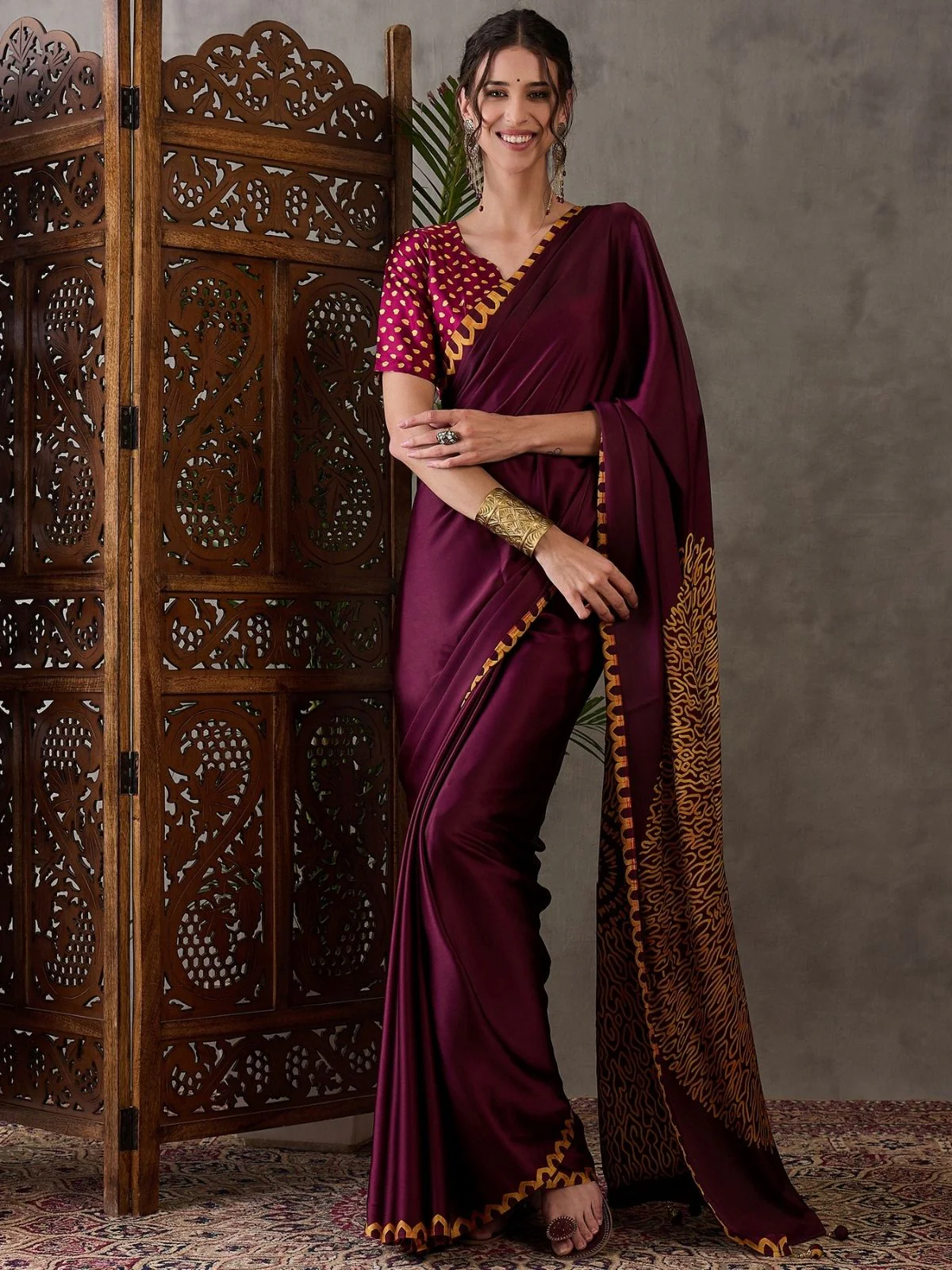 Odette Maroon Silk Blend Printed Elegant Saree For Women