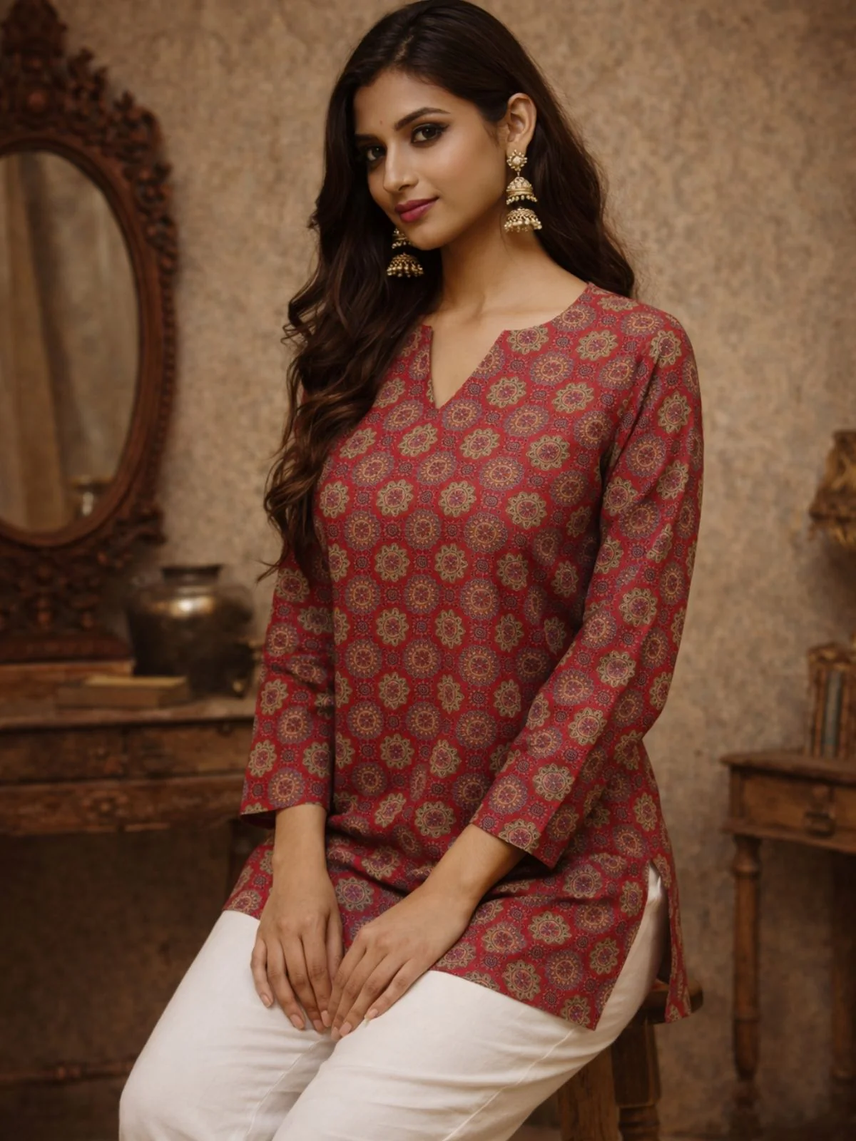 Odette Maroon Silk Blend Printed Solid Kurti For Women - Image 2