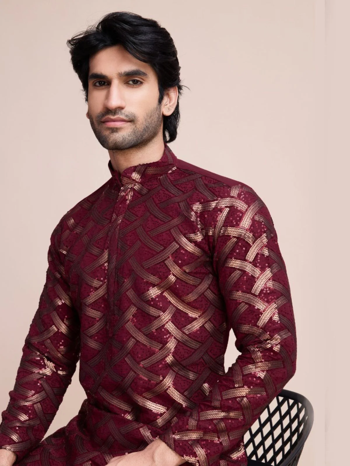 Odette Maroon Silk Blend Sequins Stitched  Kurta For Men - Image 3