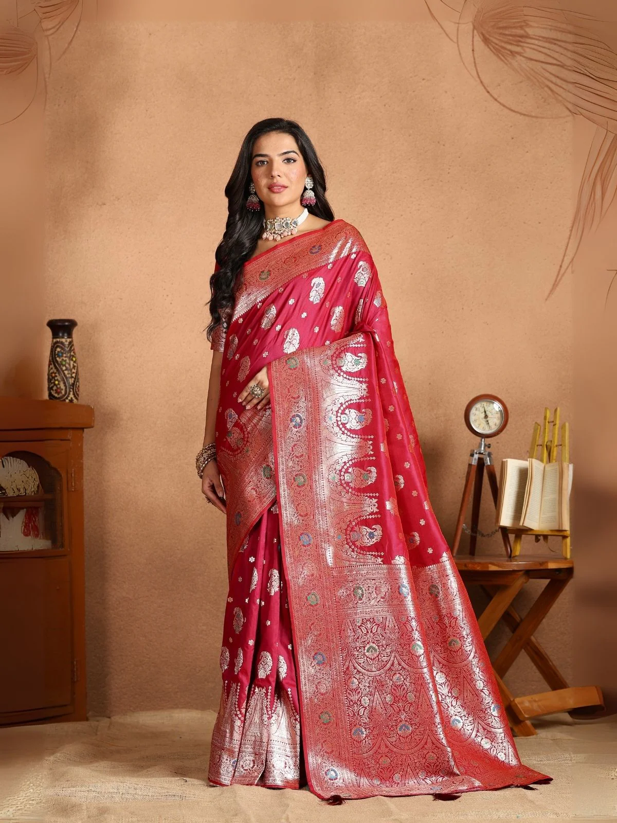Odette Maroon Silk Blend Woven Elegant Saree For Women