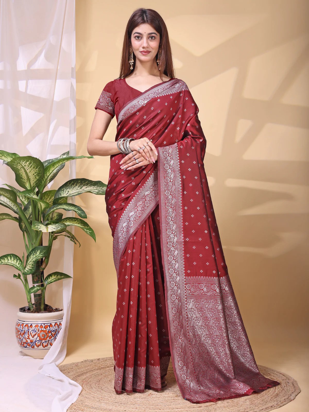 Odette Maroon Silk Blend Woven Saree For Women