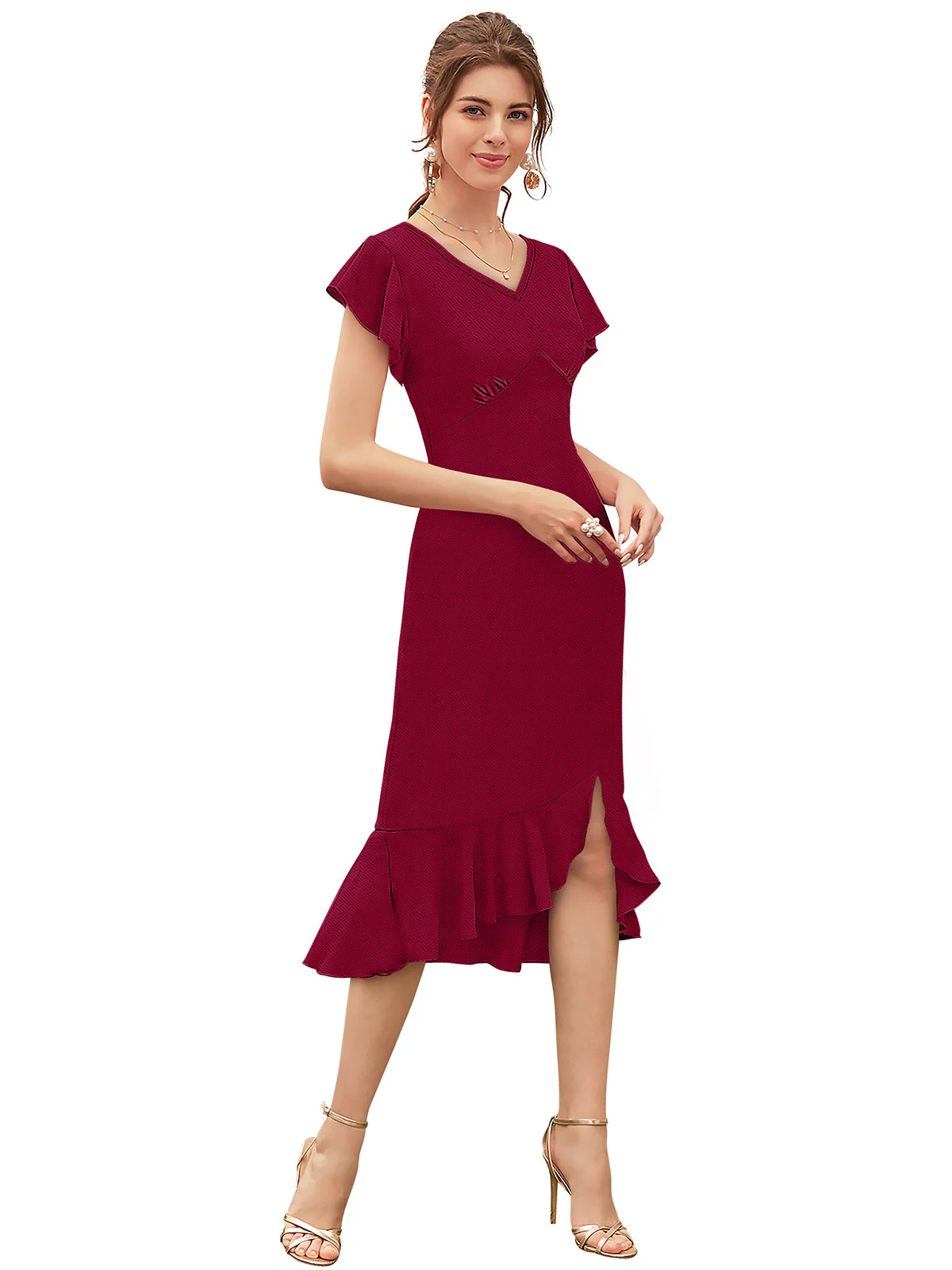 Odette Maroon Knit Fabric Dress For Women - Image 2