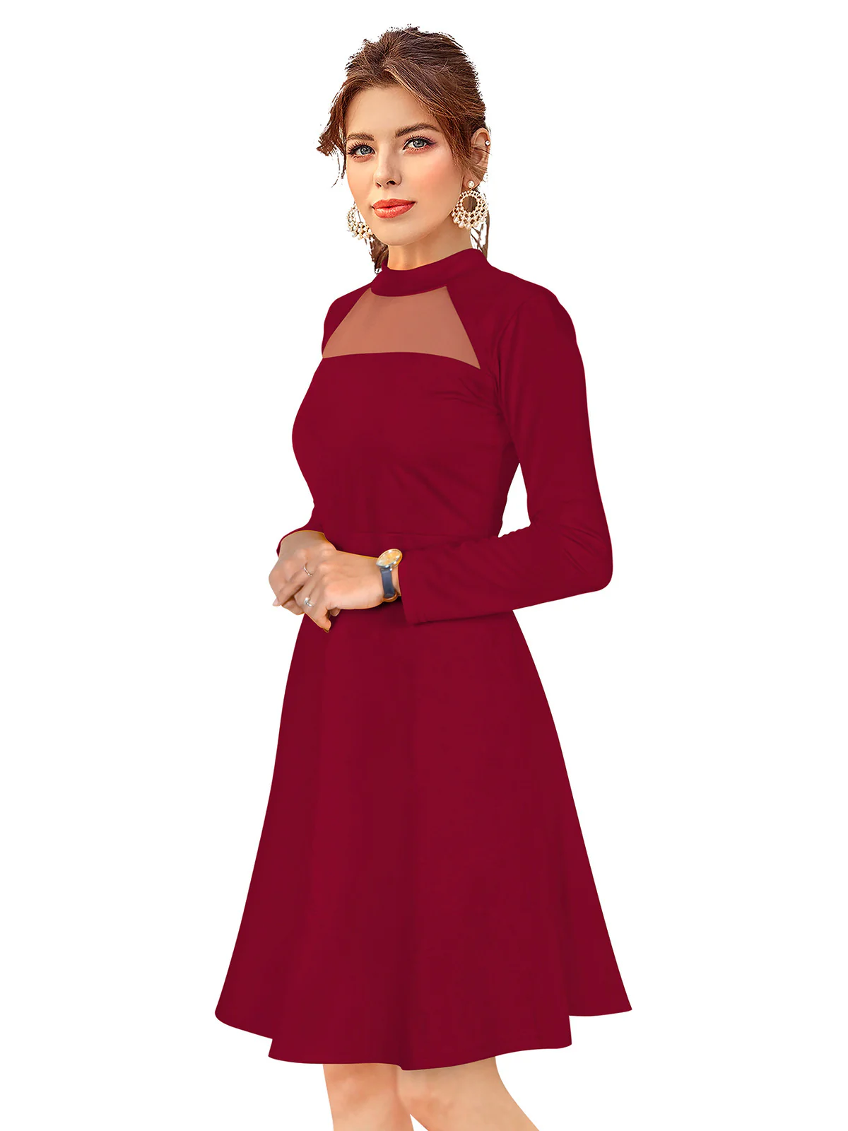 Odette Maroon Skater Knit Fabric Dress For Women - Image 3