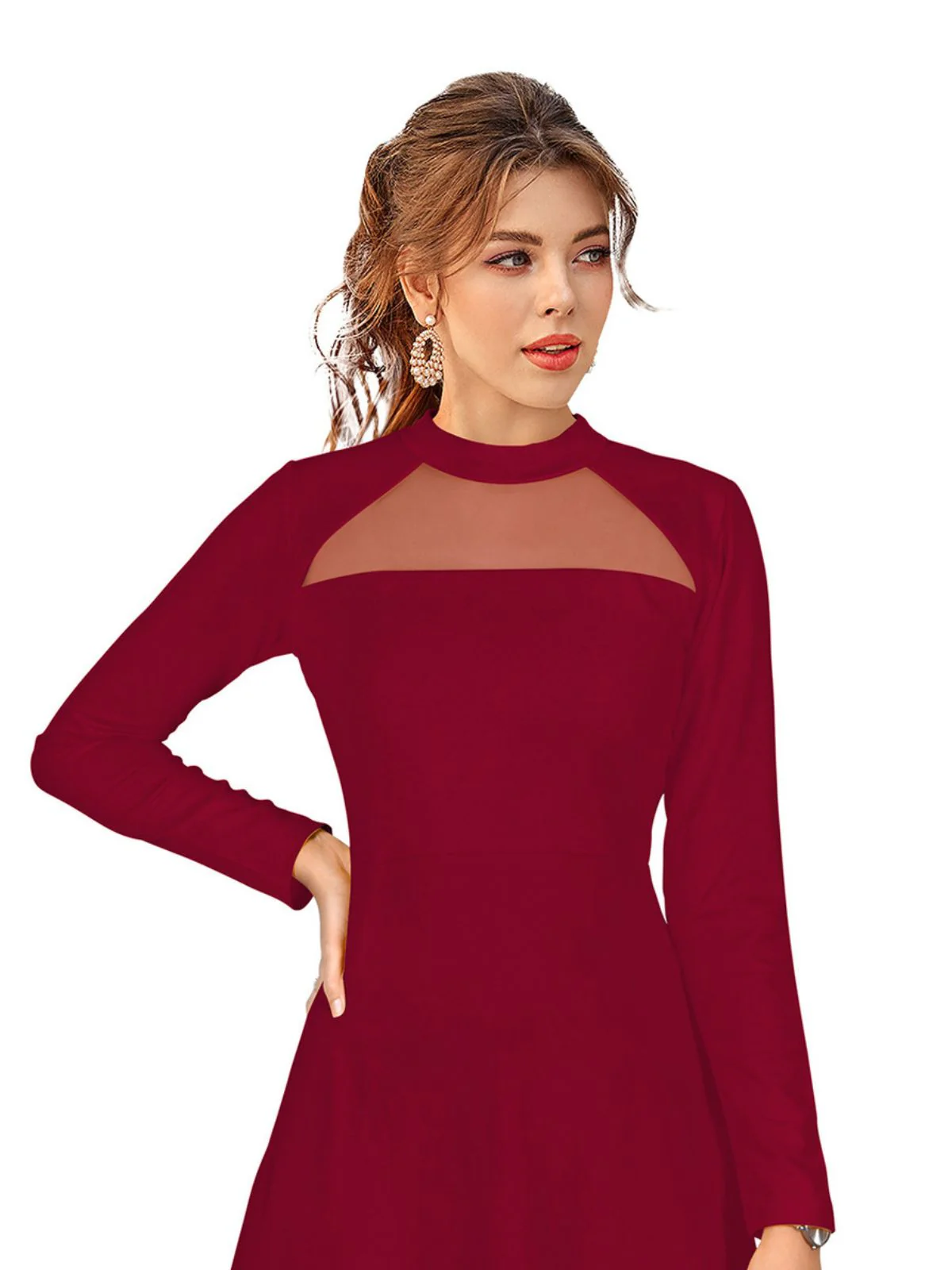 Odette Maroon Skater Knit Fabric Dress For Women - Image 5