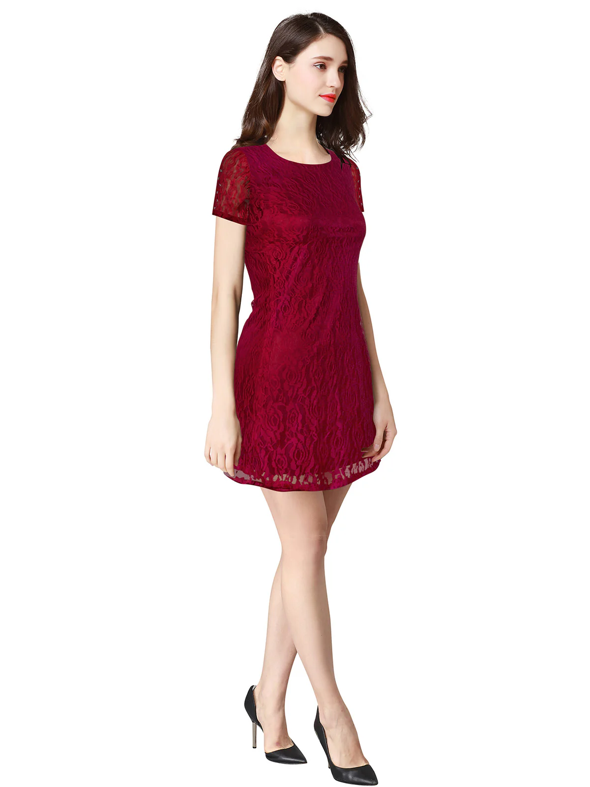 Odette Maroon Net Dress For Women - Image 2