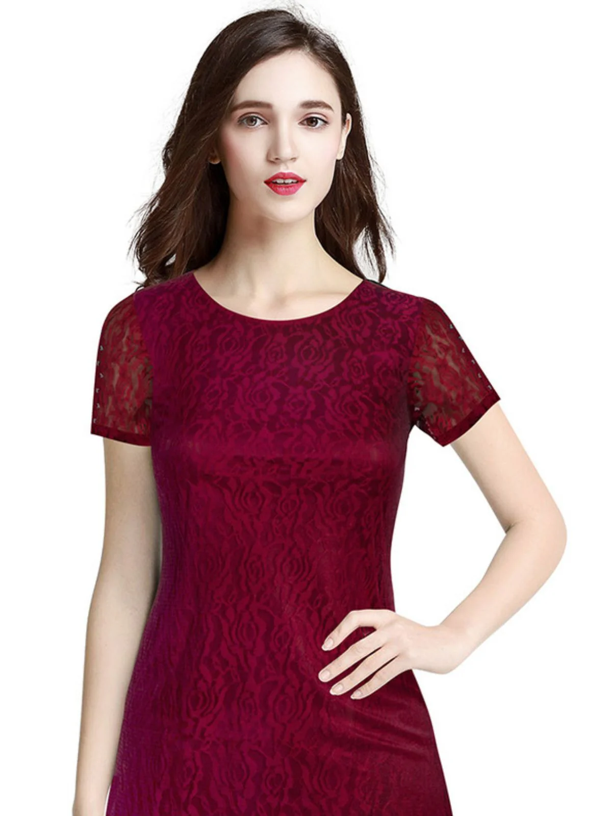 Odette Maroon Net Dress For Women - Image 5