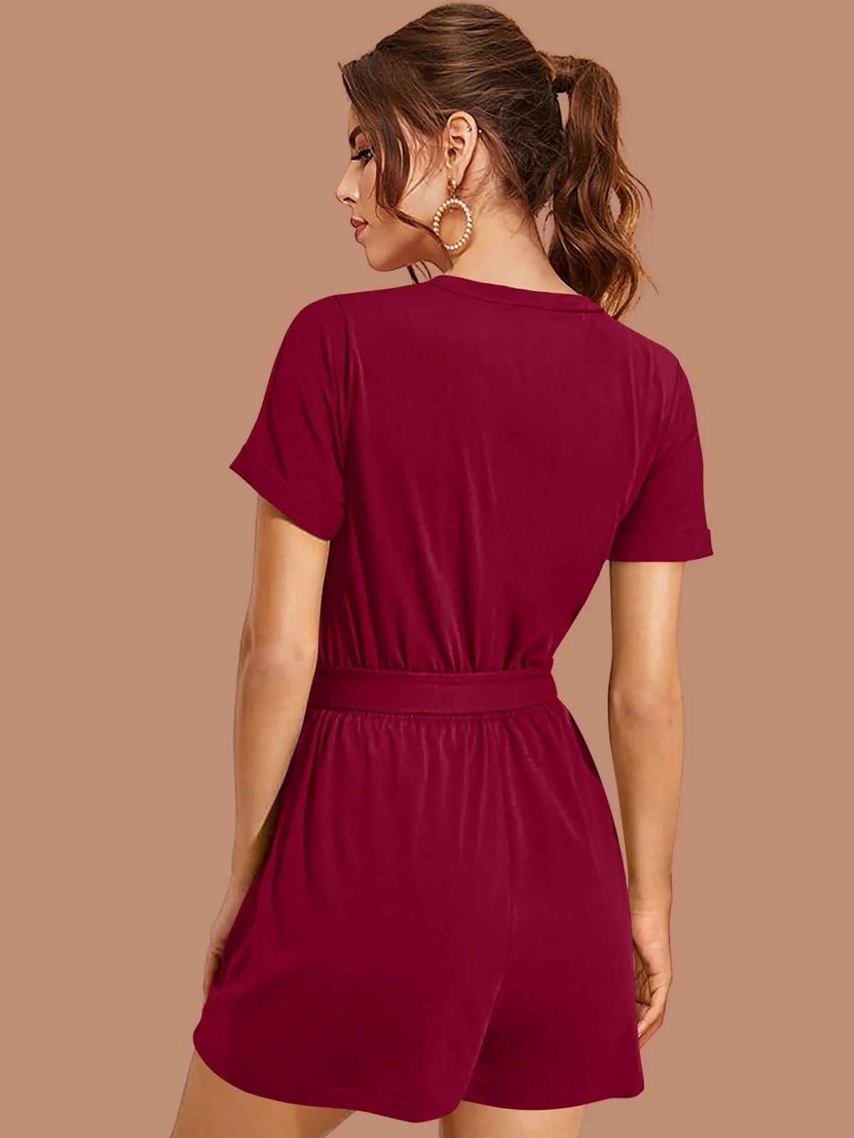Odette Maroon Solid Jumpsuits For Women - Image 3