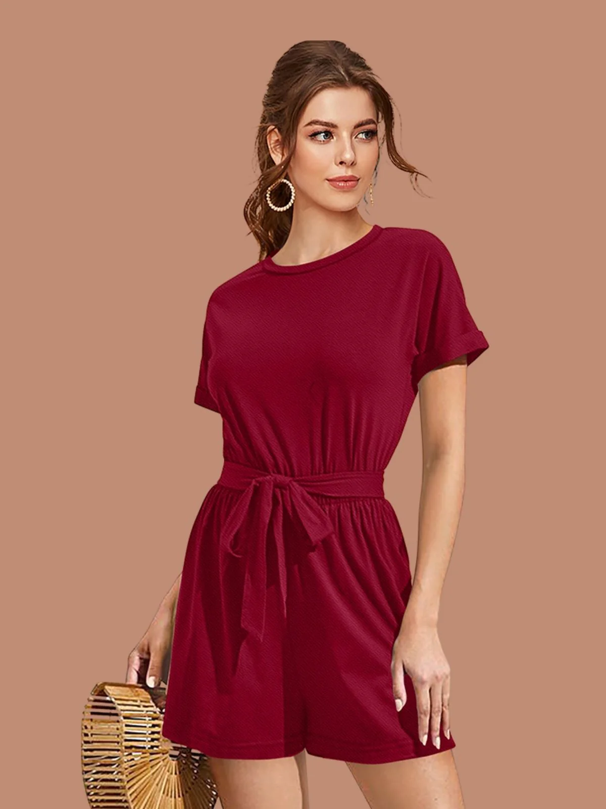 Odette Maroon Solid Jumpsuits For Women - Image 4