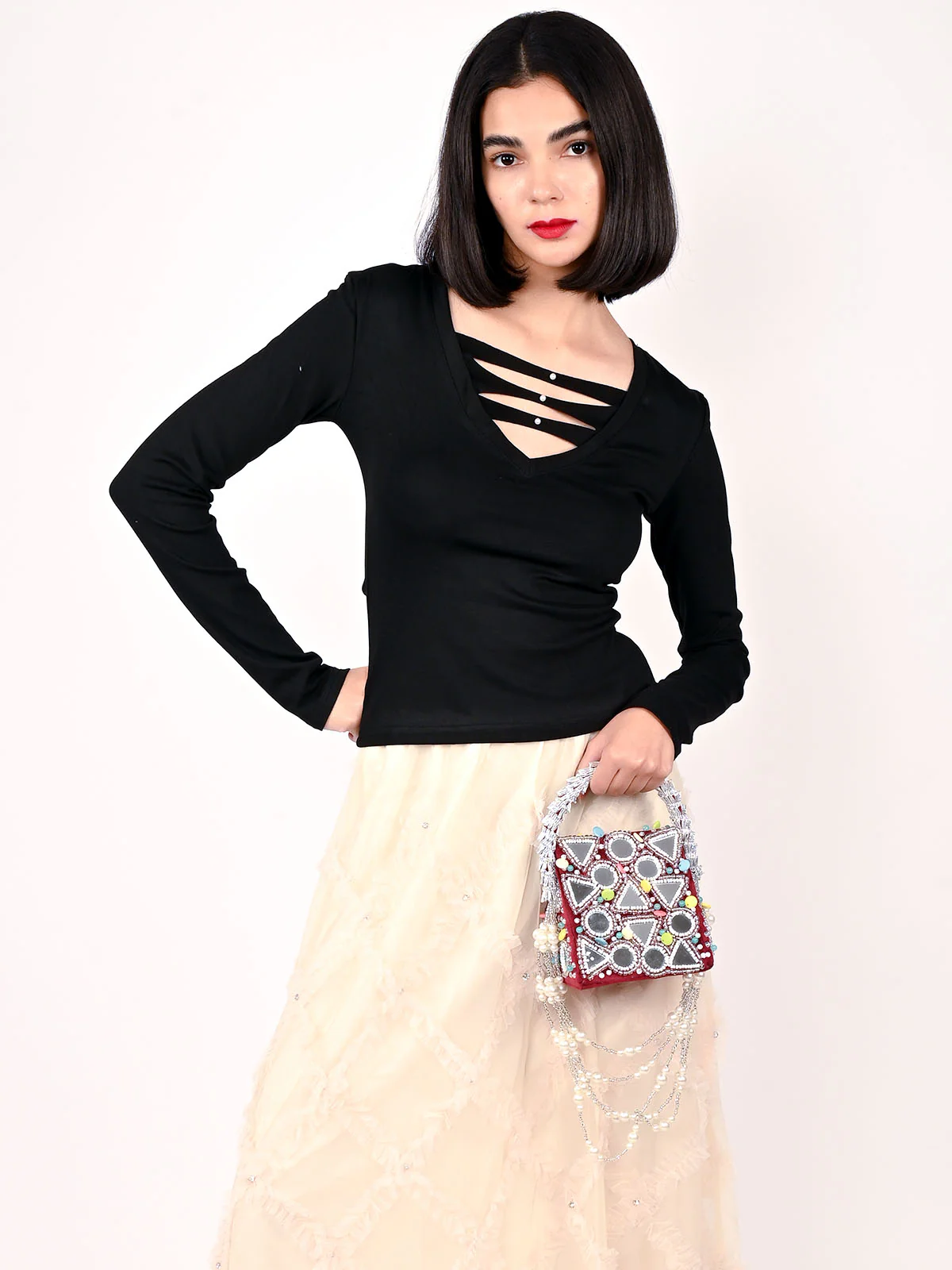 Odette Maroon Suede Embellished Clutch For Women