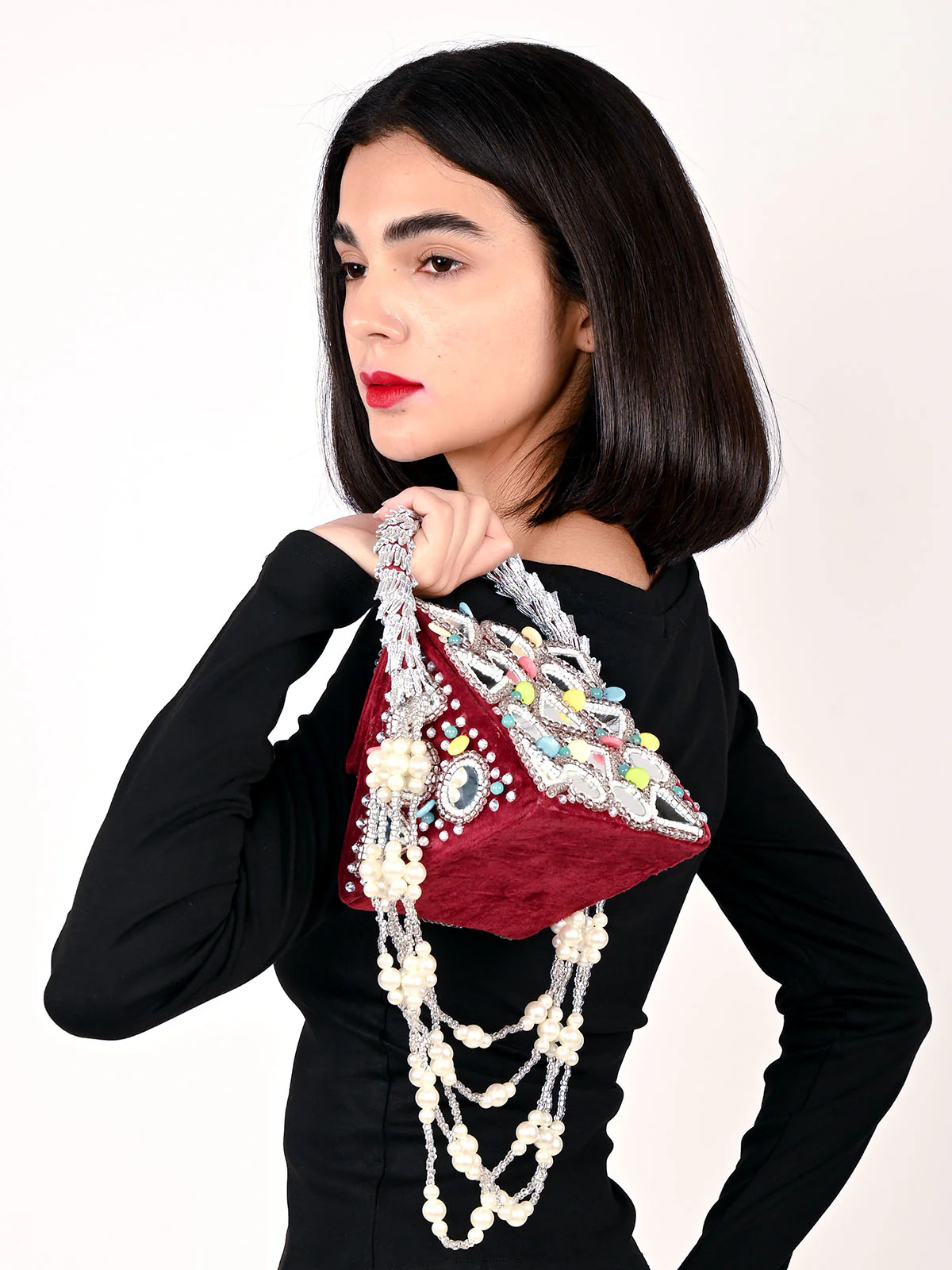 Odette Maroon Suede Embellished Clutch For Women - Image 2