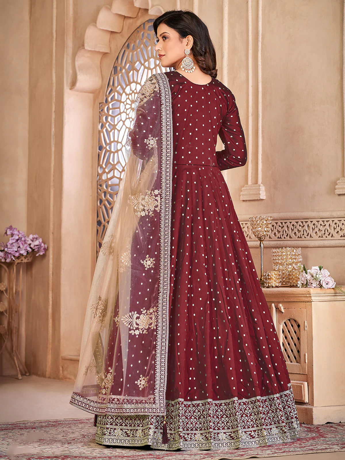 Odette Maroon Tafeta Embroidered Semi stitched Kurta Set For Women - Image 3