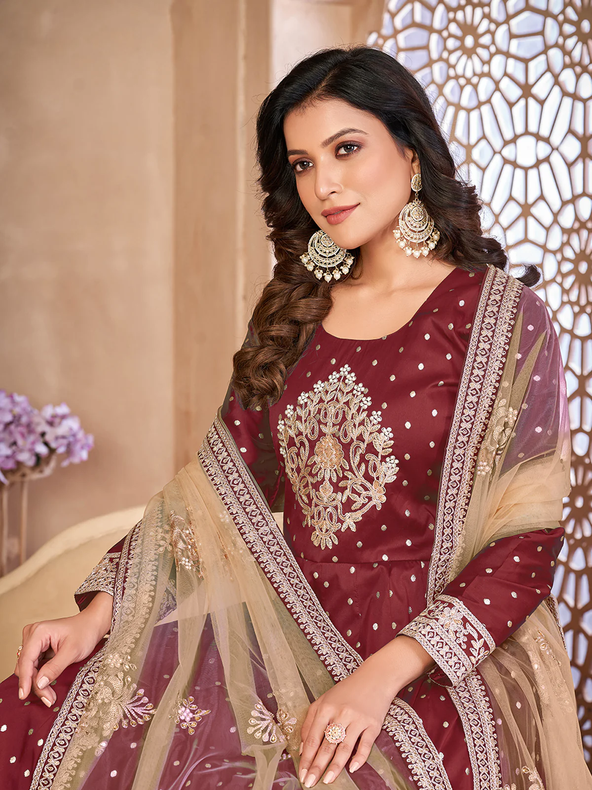 Odette Maroon Tafeta Embroidered Semi stitched Kurta Set For Women - Image 4