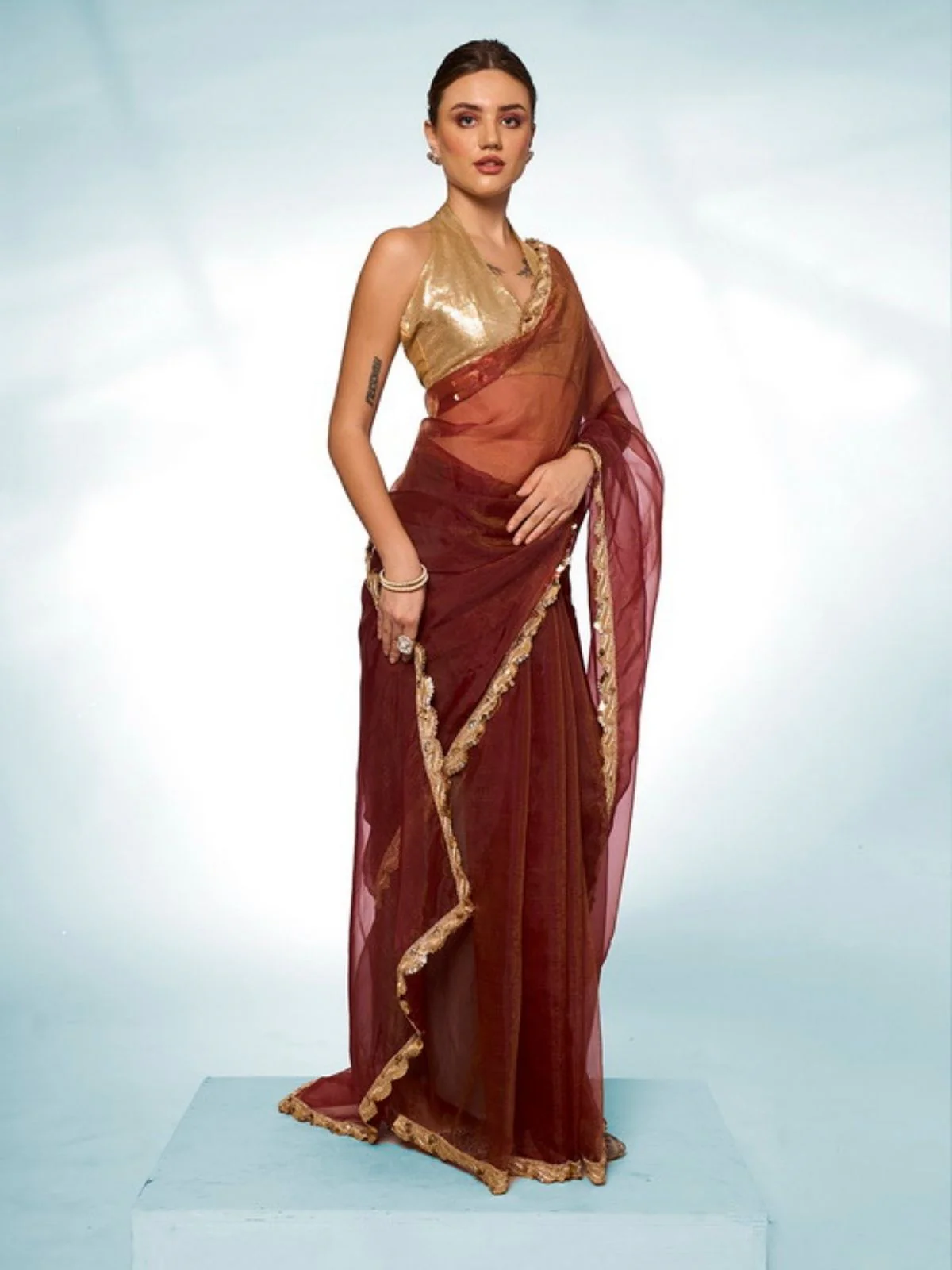 Odette Maroon Tissue Lace Work Saree With Unstitched Blouse For Women - Image 3