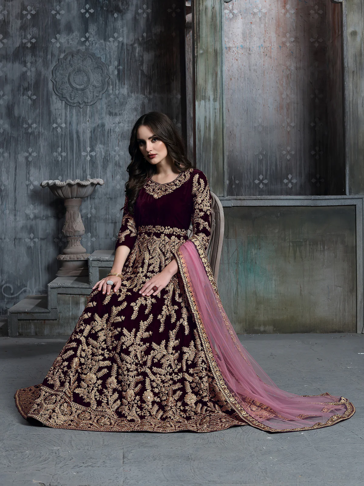 Odette Maroon Velvet Embroidered Semi stitched Kurta Set For Women - Image 2
