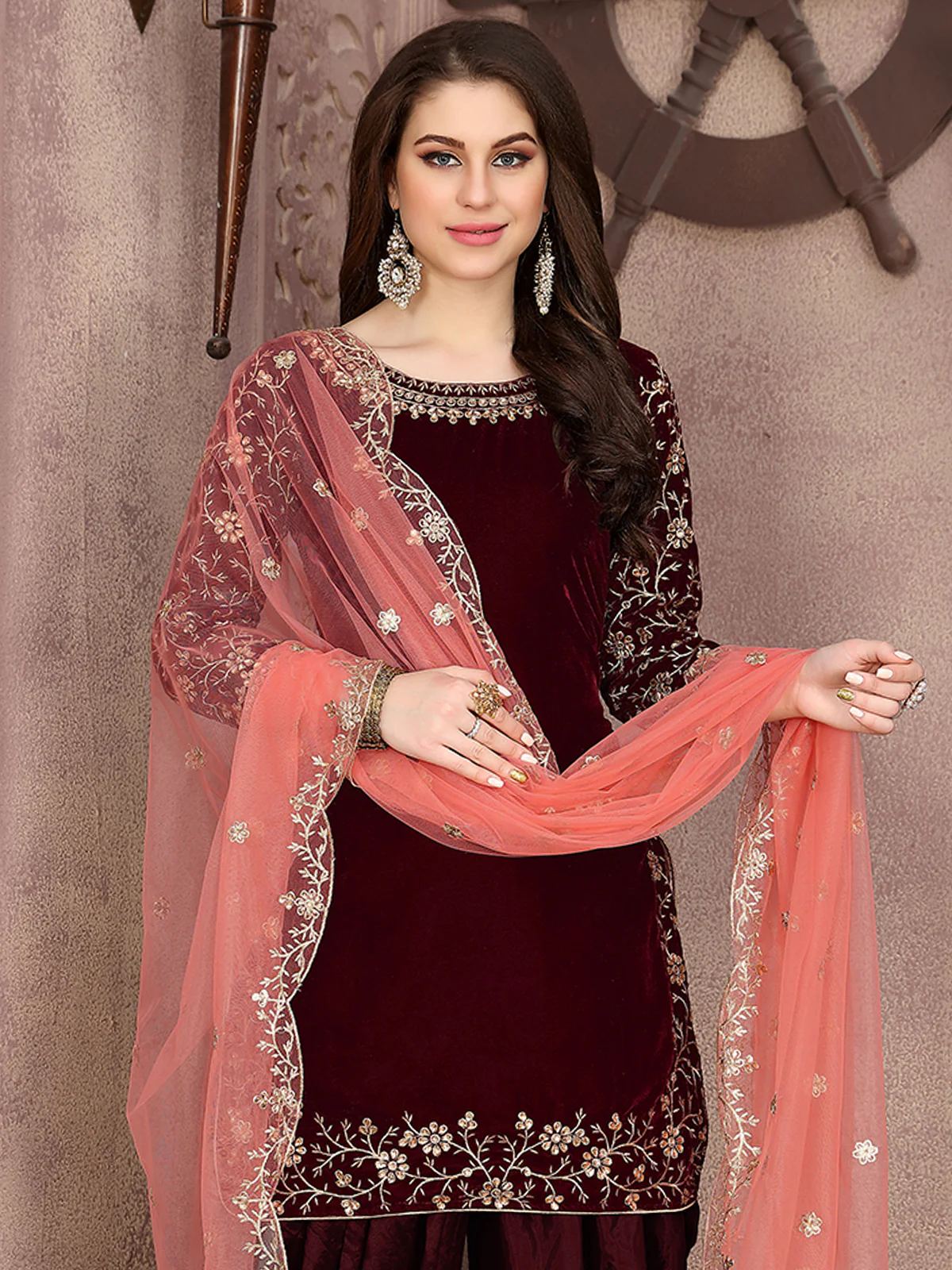 Odette Maroon Velvet Embroidered Semi stitched Kurta Set For Women - Image 2