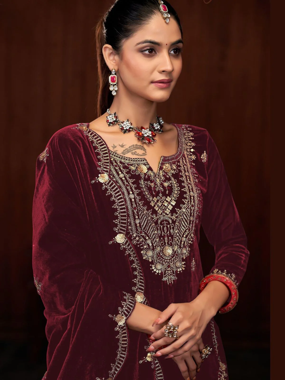 Odette Maroon Velvet Embroidered Semi-Stitched Kurta Set For Women - Image 2