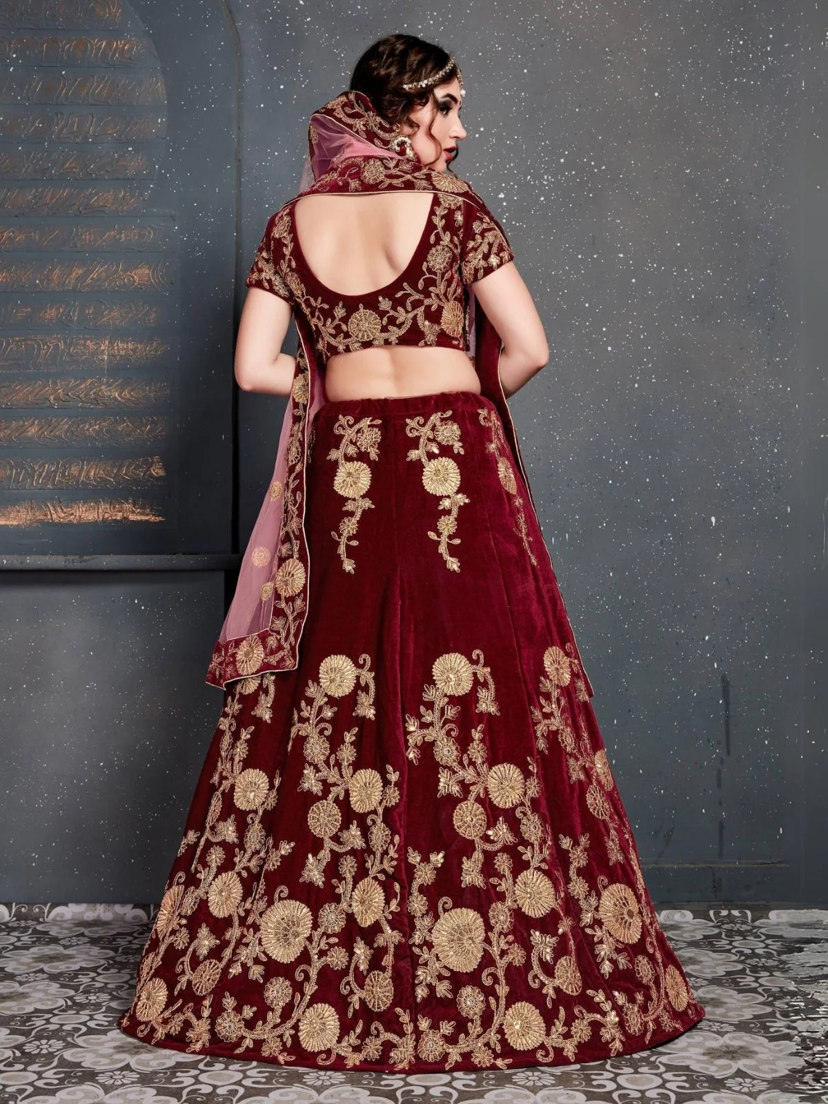 Odette Maroon Velvet Embroidered Semi Stitched Lehenga With Blouse For Women - Image 4