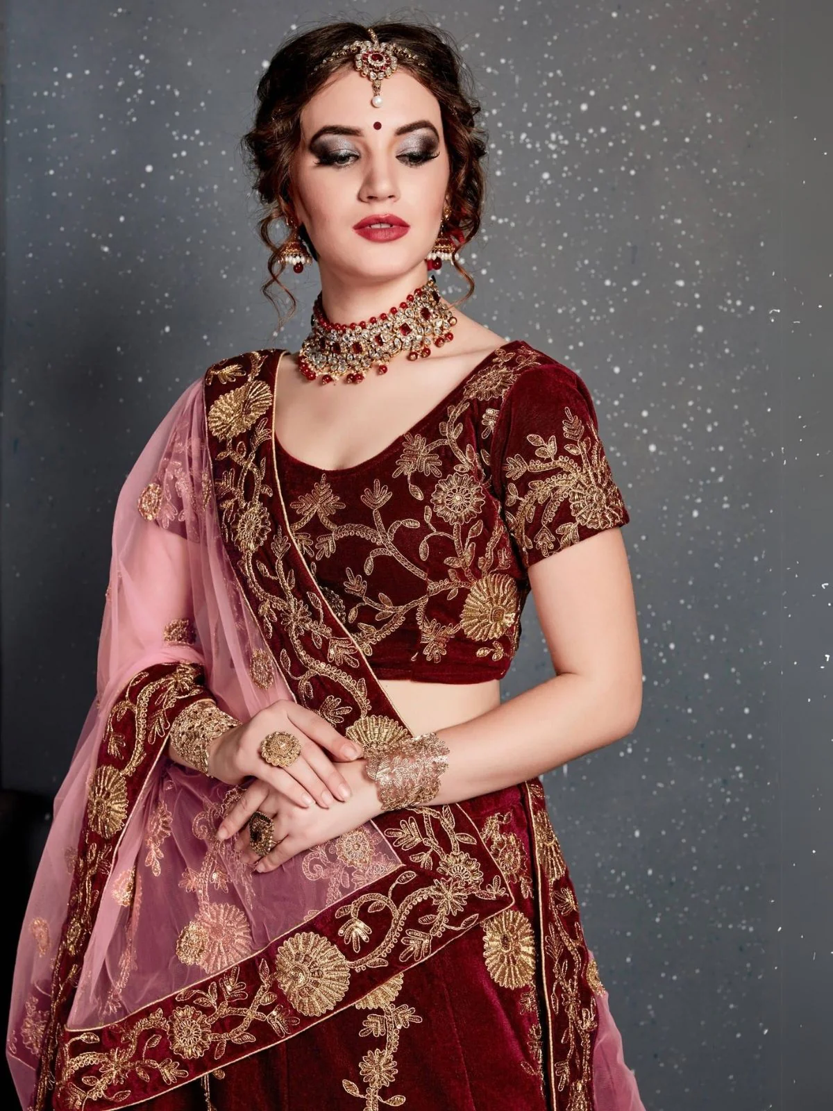 Odette Maroon Velvet Embroidered Semi Stitched Lehenga With Blouse For Women - Image 5
