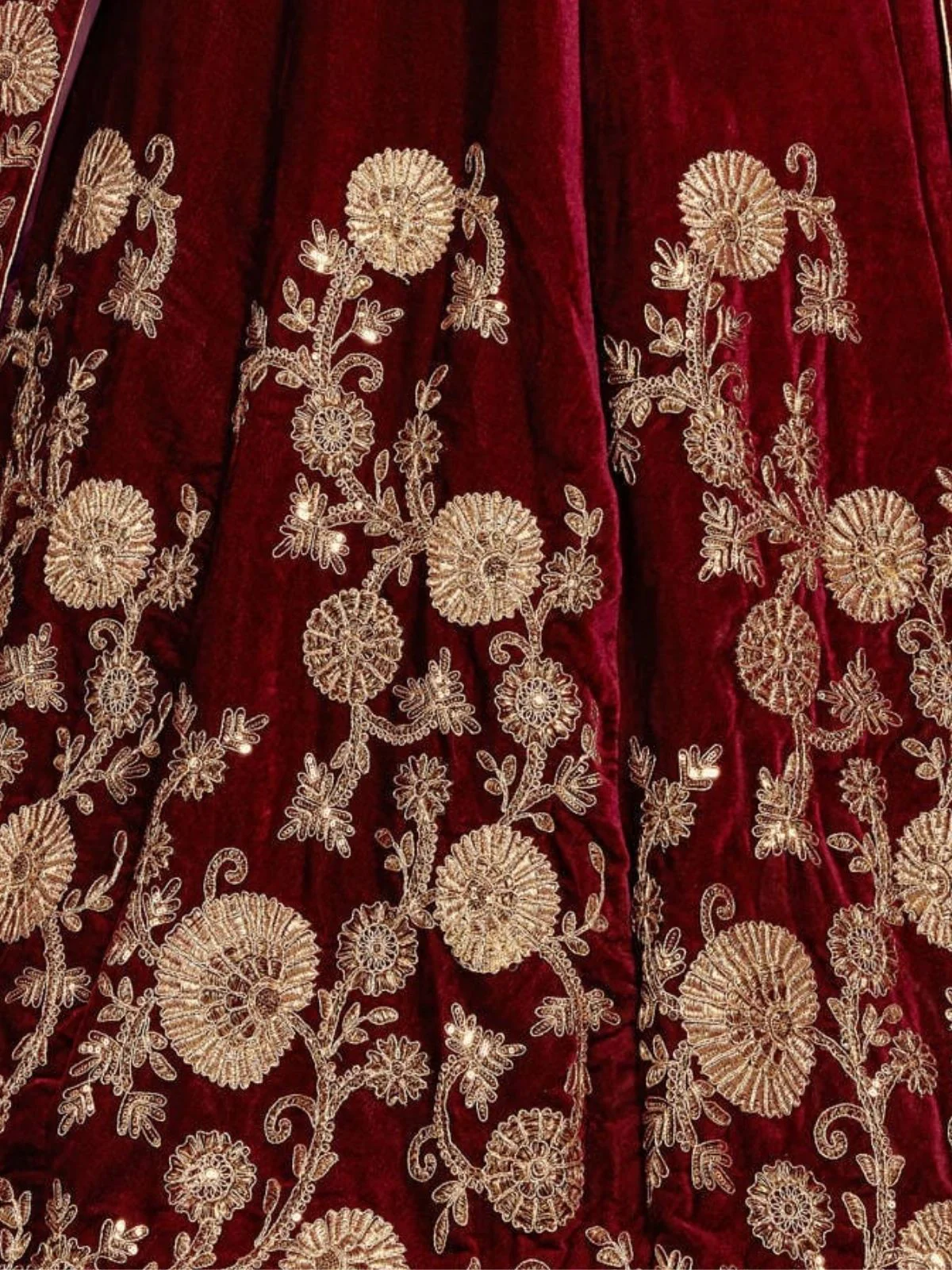 Odette Maroon Velvet Embroidered Semi Stitched Lehenga With Blouse For Women - Image 6