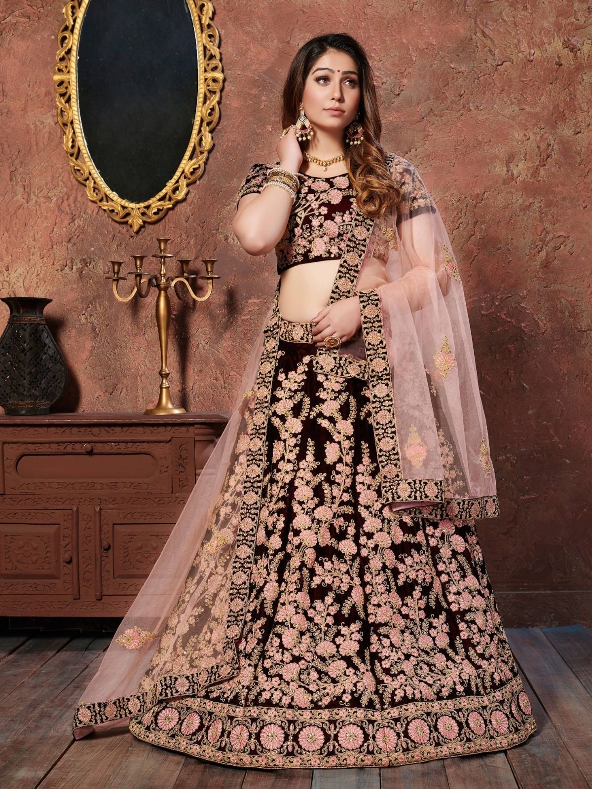 Odette Maroon Velvet Embroidered Semi Stitched Lehenga With Blouse For Women - Image 2
