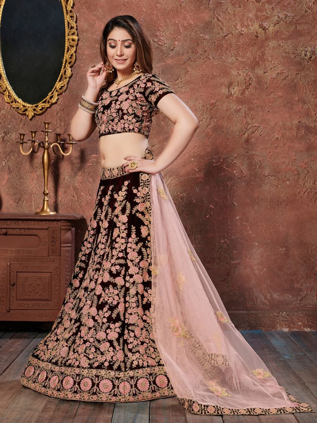 Odette Maroon Velvet Embroidered Semi Stitched Lehenga With Blouse For Women - Image 3