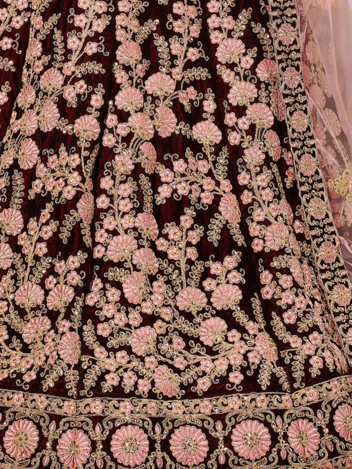 Odette Maroon Velvet Embroidered Semi Stitched Lehenga With Blouse For Women - Image 5