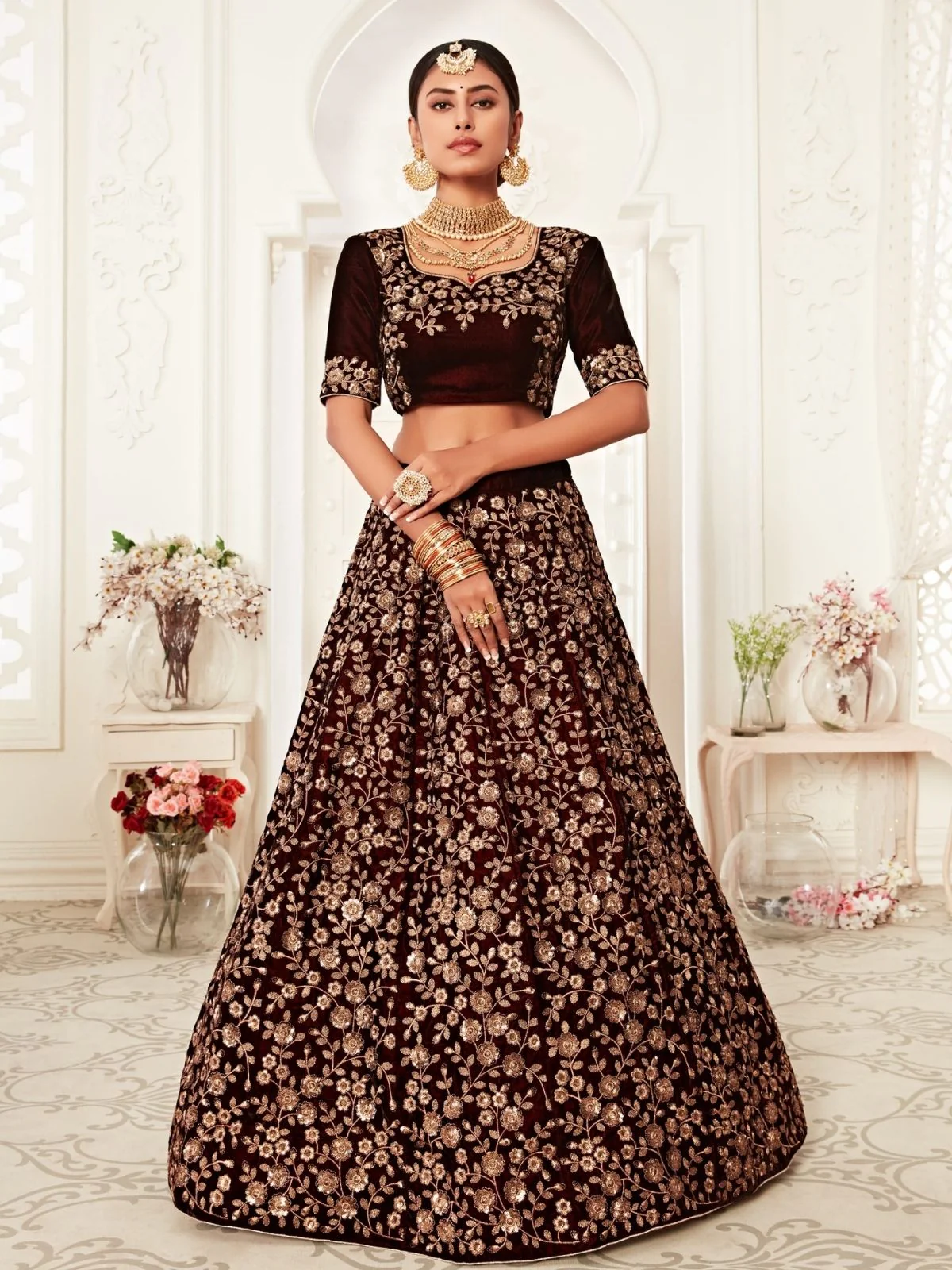 Odette Maroon Velvet Embroidered Semi Stitched Lehenga With Unstitched Blouse For Women - Image 3