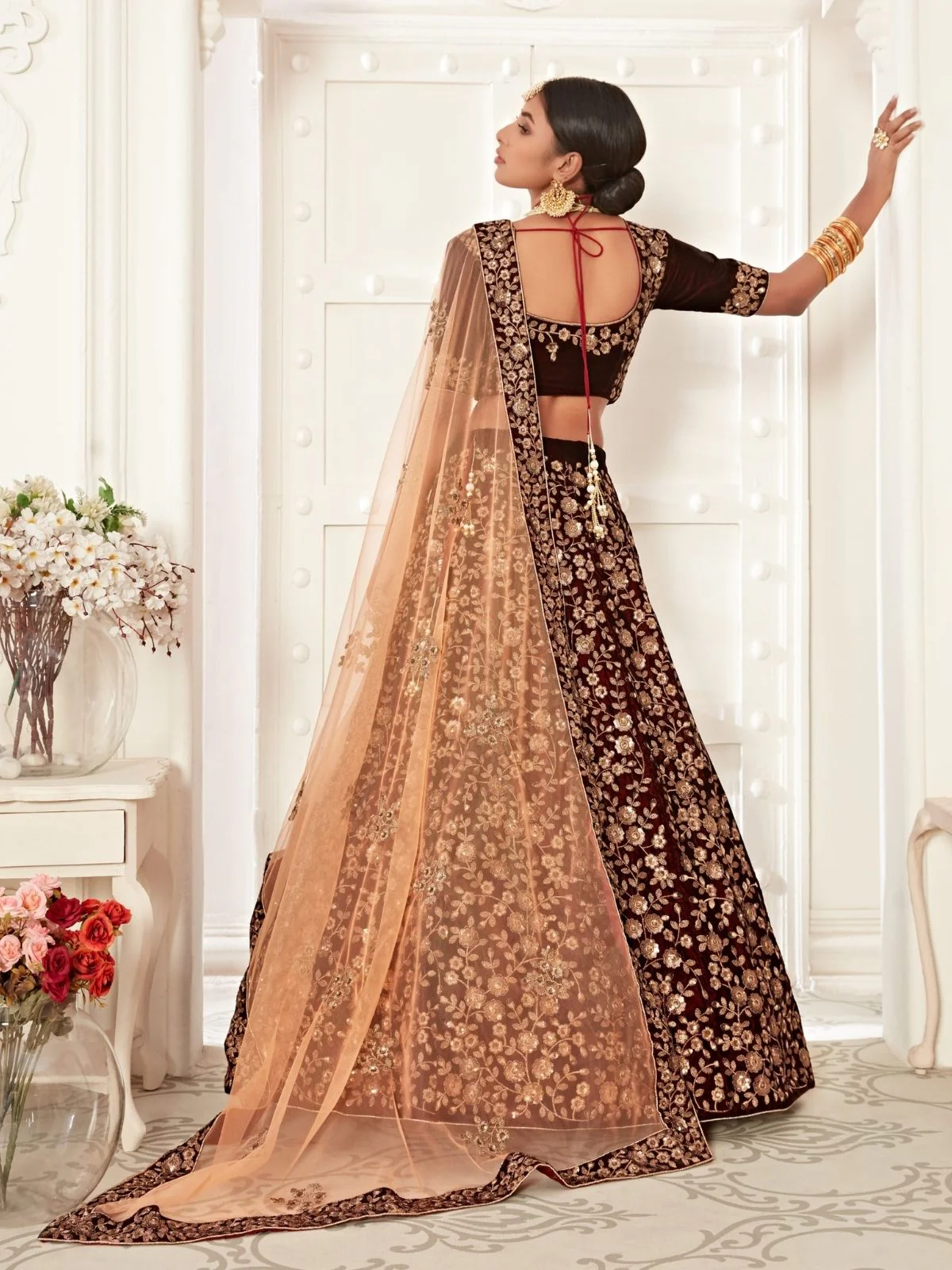 Odette Maroon Velvet Embroidered Semi Stitched Lehenga With Unstitched Blouse For Women - Image 4