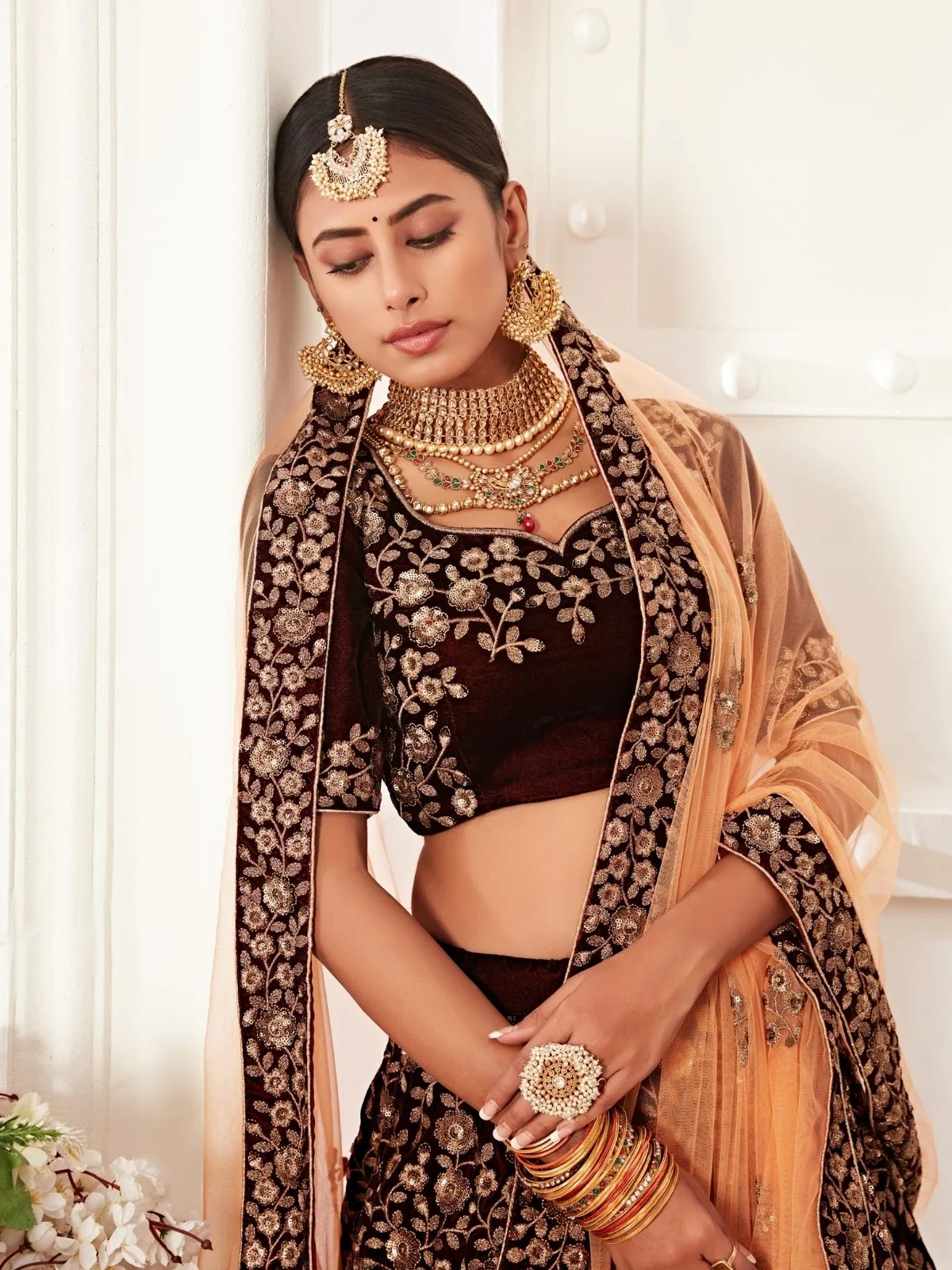 Odette Maroon Velvet Embroidered Semi Stitched Lehenga With Unstitched Blouse For Women - Image 5