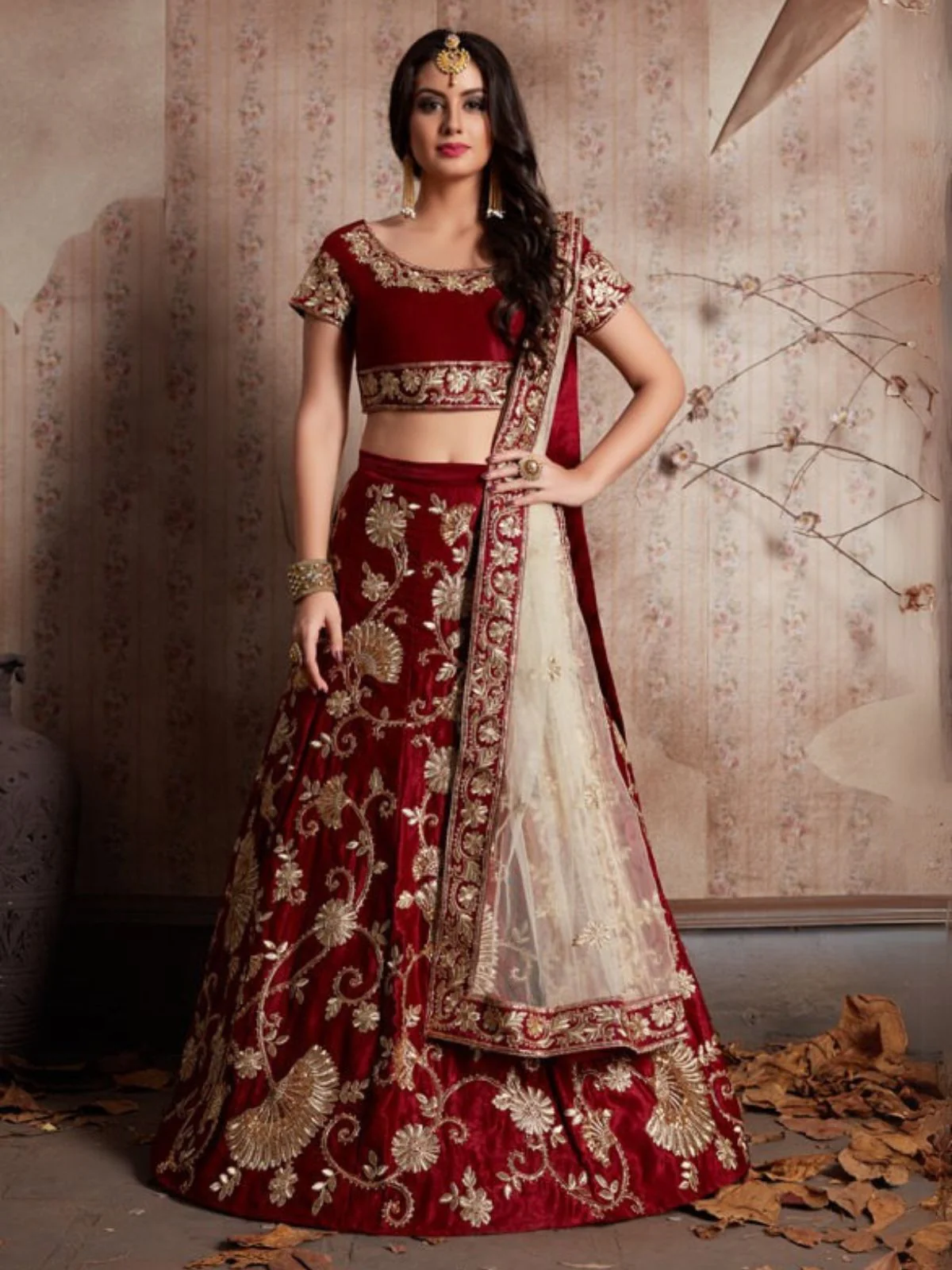 Odette Maroon Velvet  Embroidered  Semi-Stitched Lehenga With Unstitched Blouse For Women - Image 2