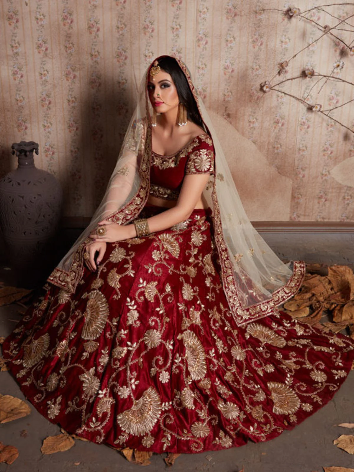 Odette Maroon Velvet  Embroidered  Semi-Stitched Lehenga With Unstitched Blouse For Women - Image 3