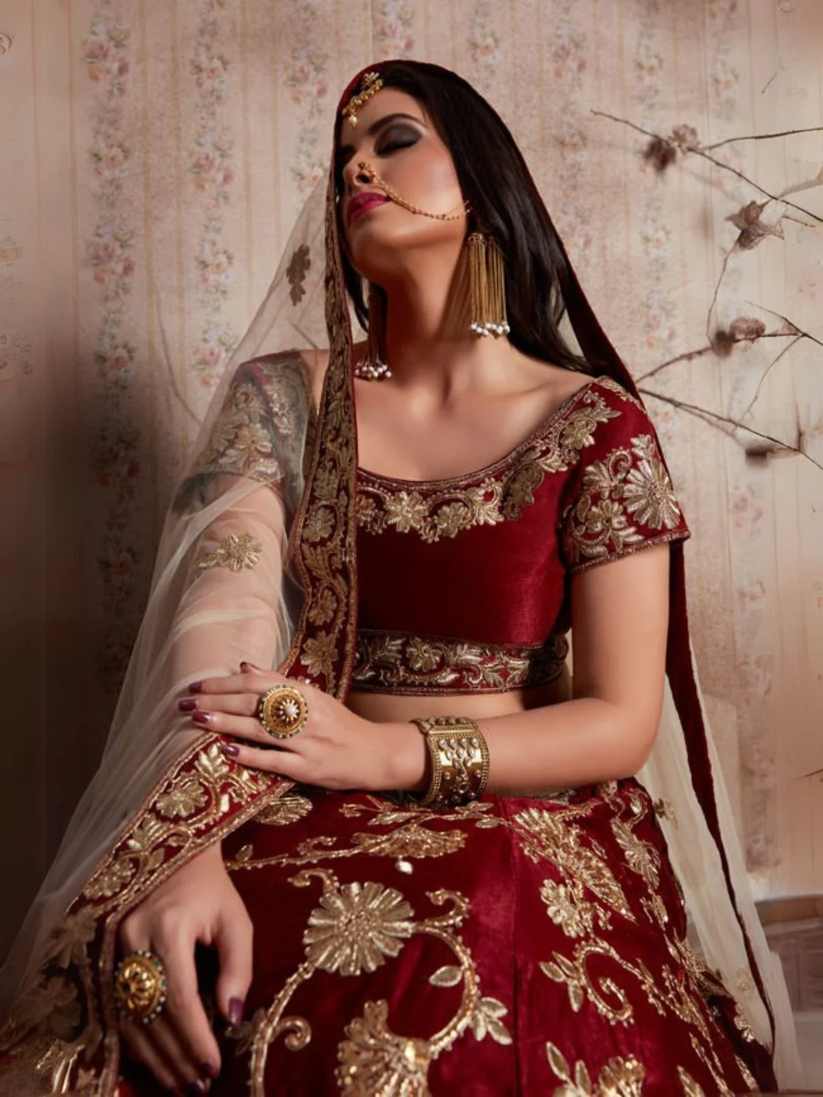 Odette Maroon Velvet  Embroidered  Semi-Stitched Lehenga With Unstitched Blouse For Women - Image 5