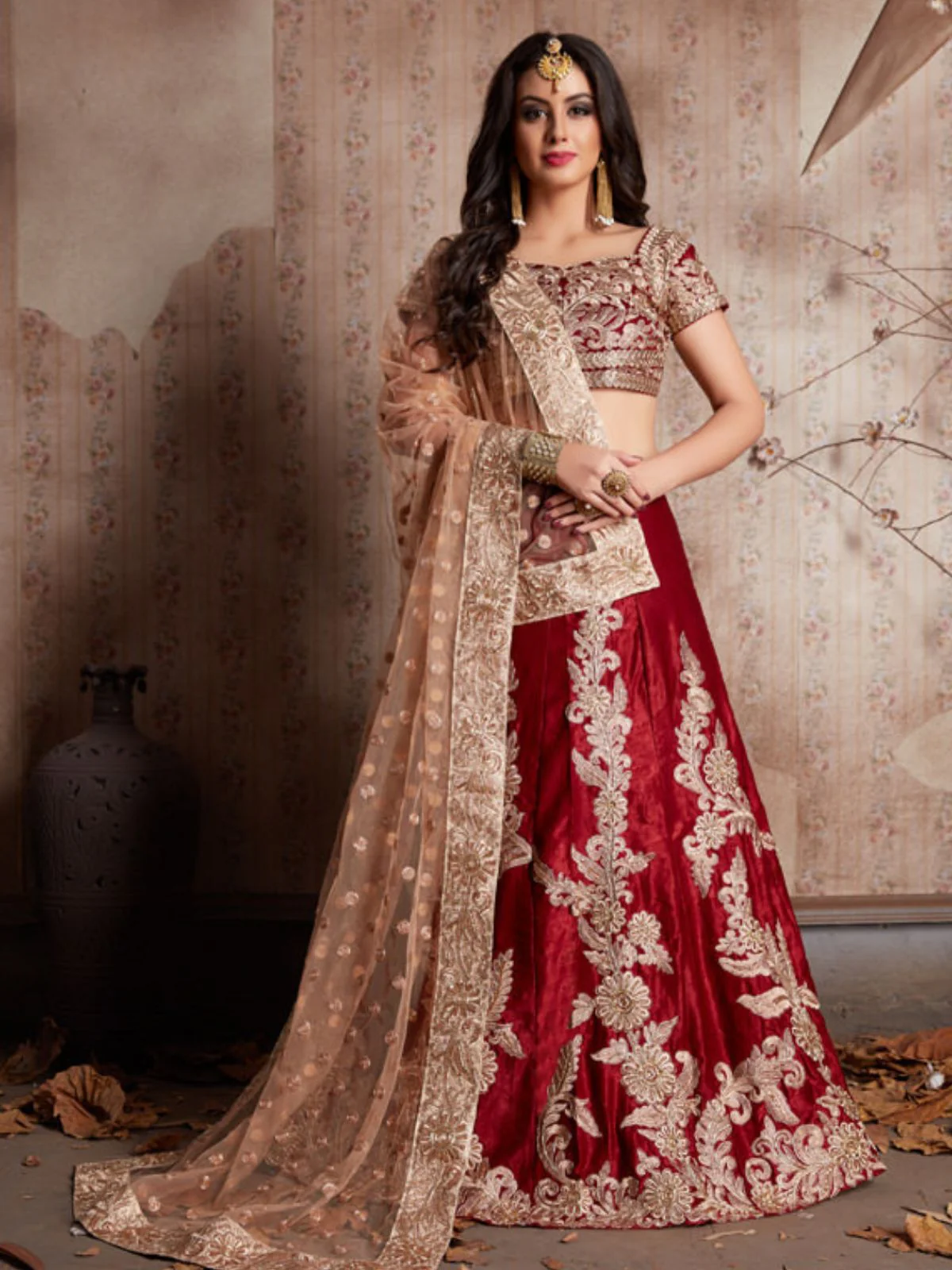 Odette Maroon Velvet Embroidered Semi-Stitched Lehenga With Unstitched Blouse For Women - Image 2